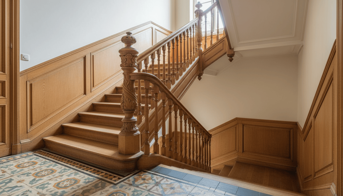 Beau escalier ancien dans une maison meuliere