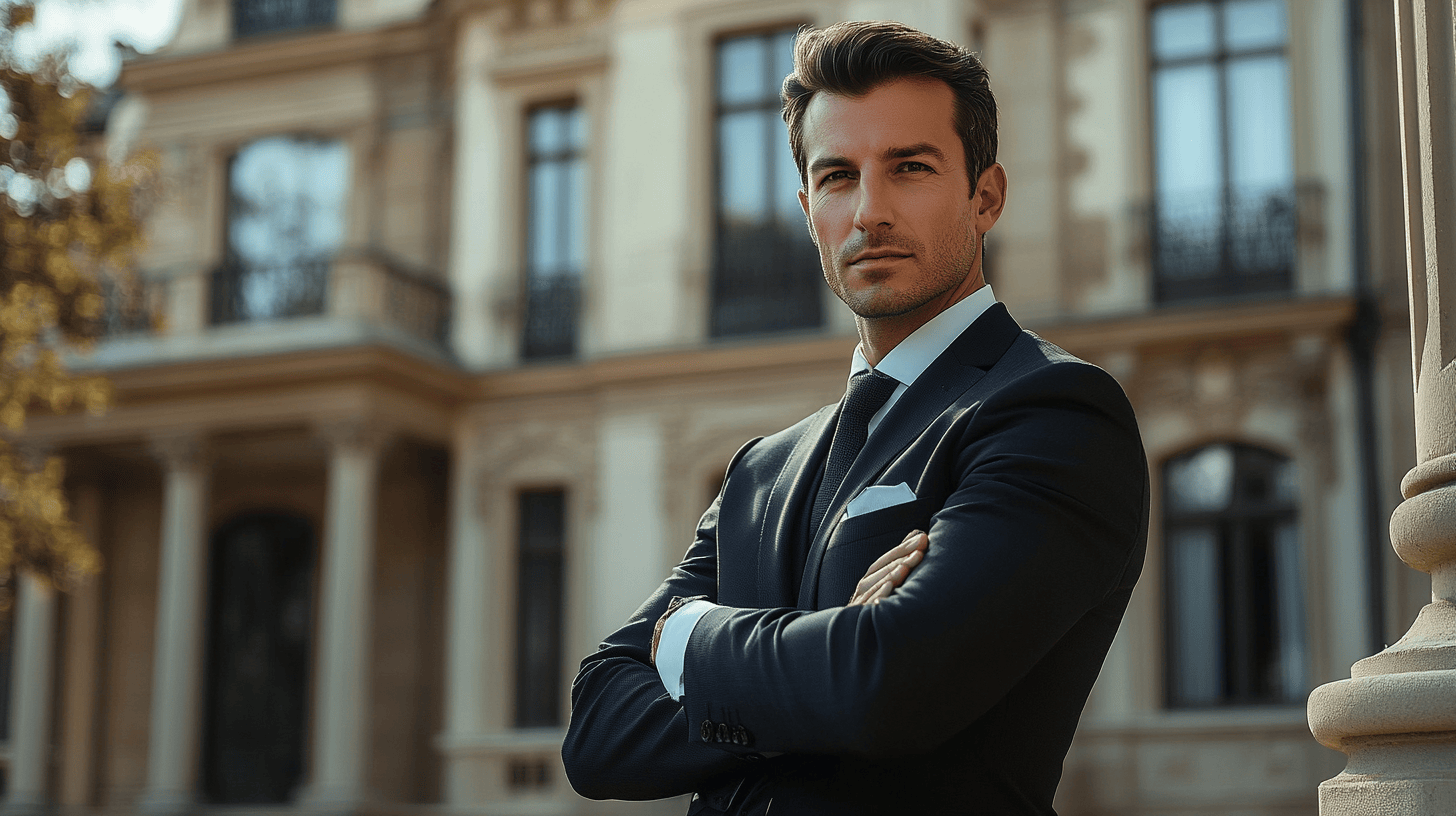 Un homme en costume riche devant une maison