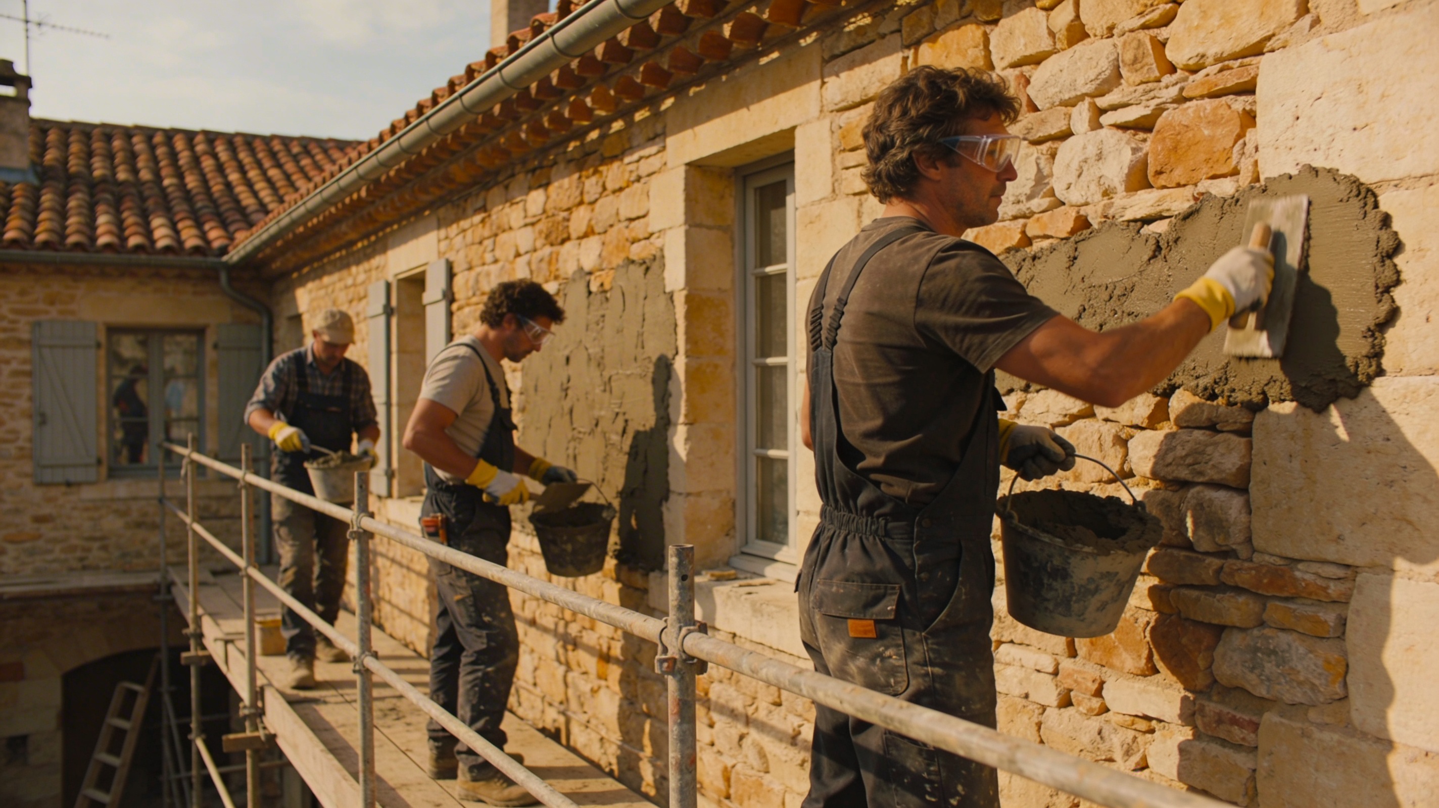 Groupe macon travaillent sur la facade une maison