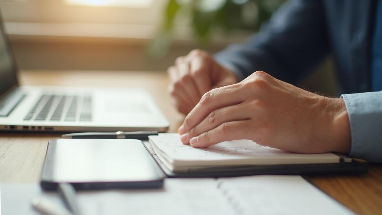 Mains sur un cahier, ordinateur portable et paperasse sur un bureau en bois.